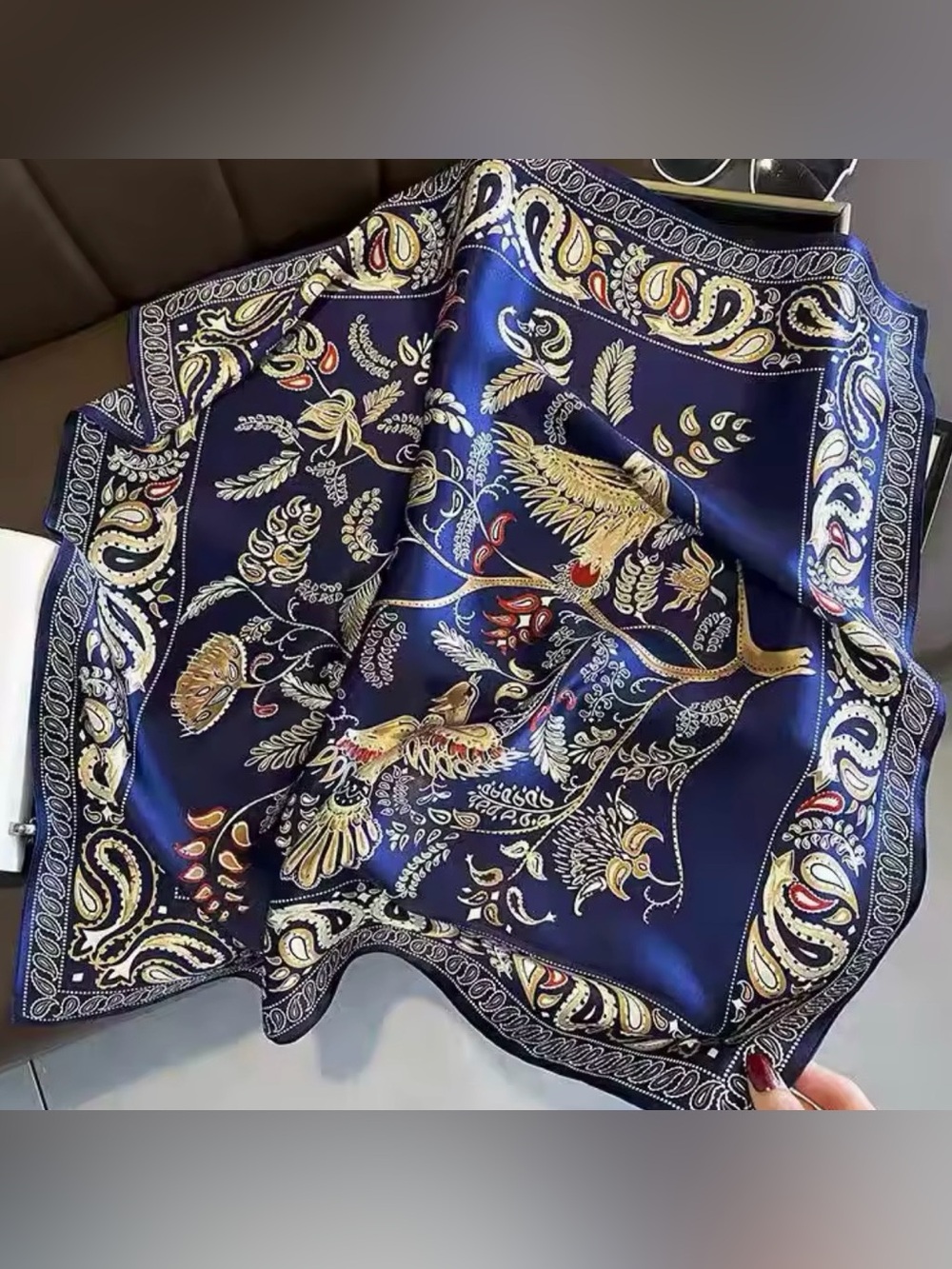 Navy Floral & Paisley Silk-Feel Women's Scarf